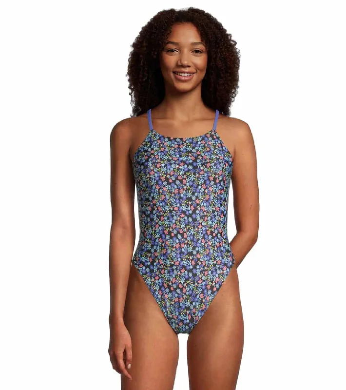 Speedo Women's Printed Back One Piece Swimsuit Black/Blue Fun Pattern Swimsuit