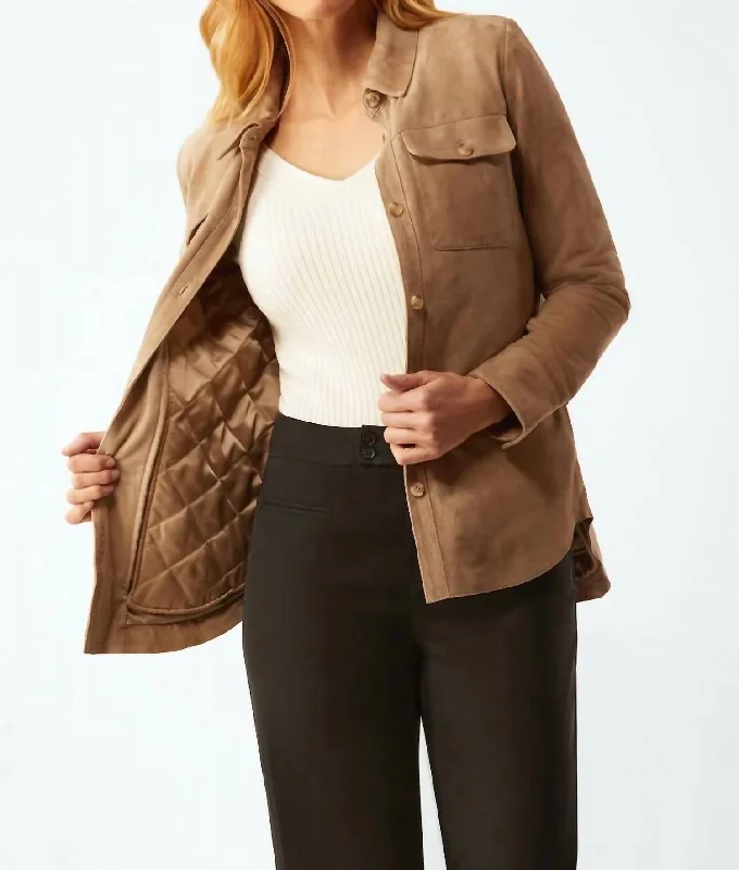 Suede Shirt Jacket In Camel One-Shoulder Jacket Off-the-Shoulder Jacket Asymmetrical Jacket