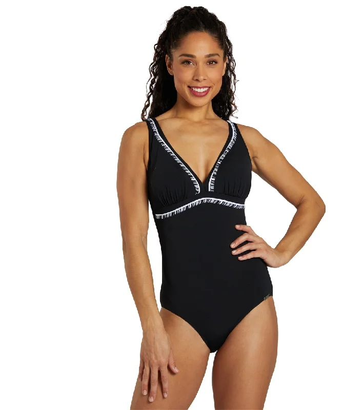 Sunmarin Women's Chlorine Proof V Neck Piped One Piece Swimsuit Black Soft Beachwear Set Sunmarin Women's Chlorine Proof V Neck Piped One Piece Swimsuit Black Soft Beachwear Set