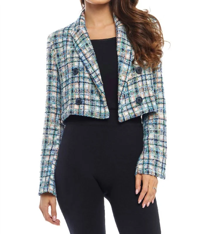 Tweed Crop Double Breasted Jacket In Blue Multi Satin Jacket Silk Jacket Chiffon Jacket