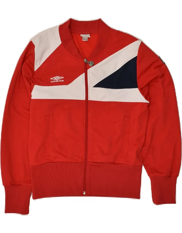 UMBRO Womens Tracksuit Top Jacket UK 12 Medium Red Colourblock Polyester Fleece Fabric Down Fabric Feather Fabric