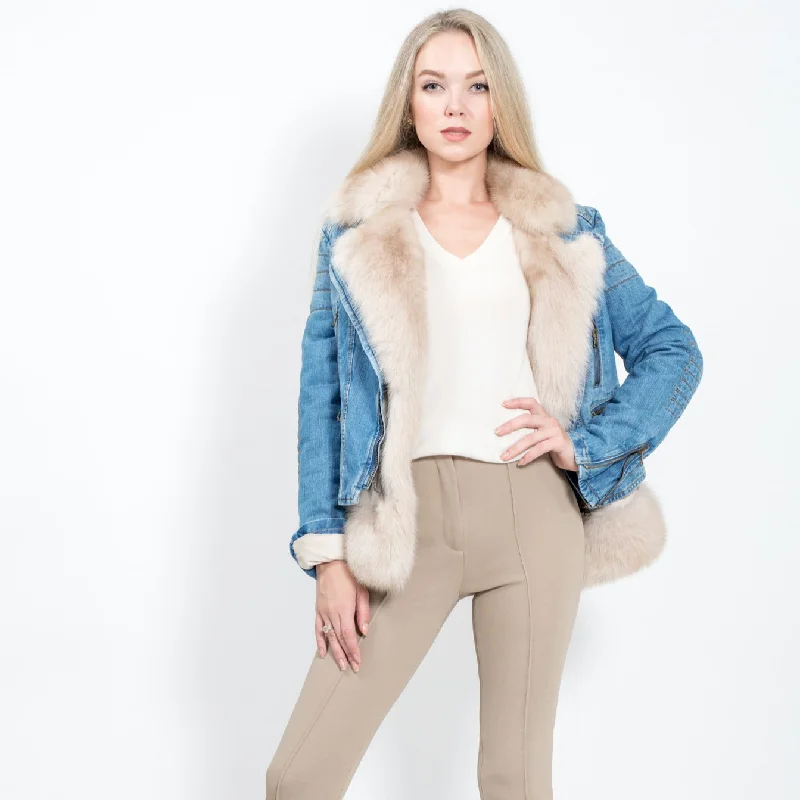 Denim Jacket with Sable fur One-Shoulder Jacket Off-the-Shoulder Jacket Asymmetrical Jacket