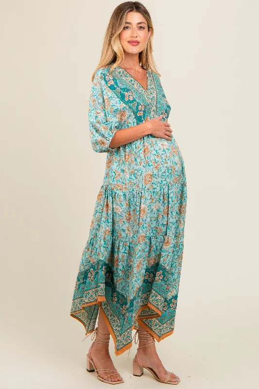 Aqua Floral Border Print V-Neck Tiered Maternity Midi Dress Comfortable Empire Waist Midi Dress Aqua Floral Border Print V-Neck Tiered Maternity Midi Dress Comfortable Empire Waist Midi Dress