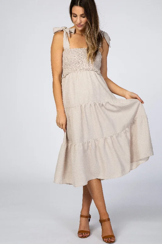 Beige Bow Strap Tiered Maternity Midi Dress Fashionable Fitted Midi Dress