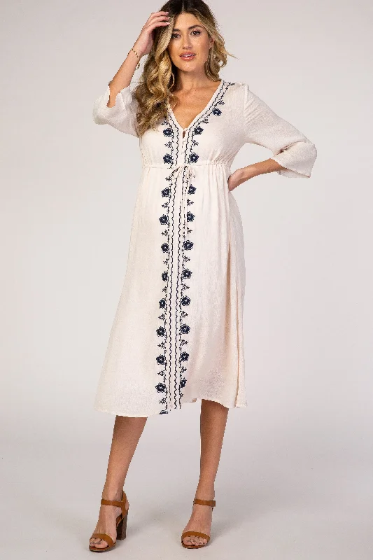 Beige Floral Embroidered 3/4 Sleeve Maternity Midi Dress Elegant Floral Appliqué Midi Dress