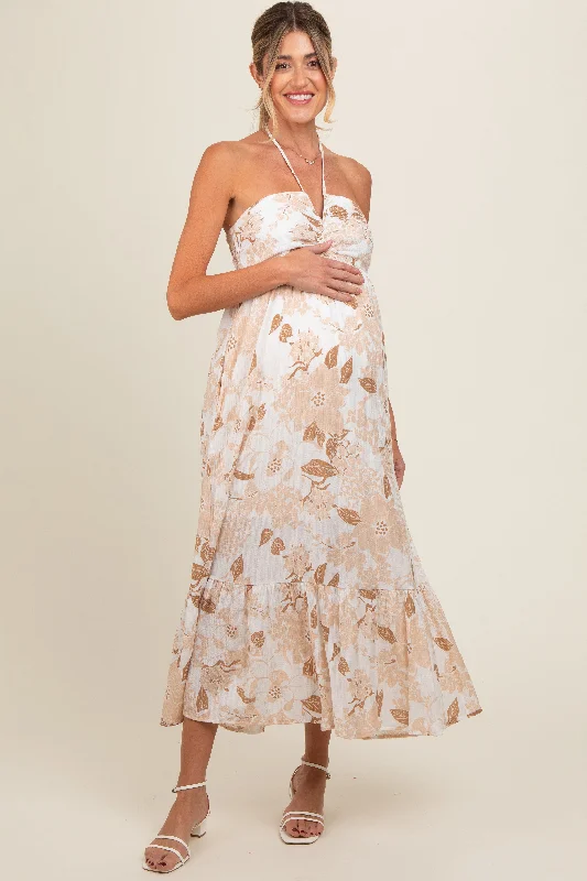 Beige Floral Ruched Front Halter Maternity Midi Dress Stylish Color Block Midi Dress Beige Floral Ruched Front Halter Maternity Midi Dress Stylish Color Block Midi Dress