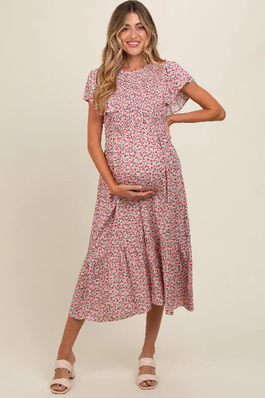 Beige Floral Smocked Maternity Midi Dress Stylish Cold Shoulder Midi Dress