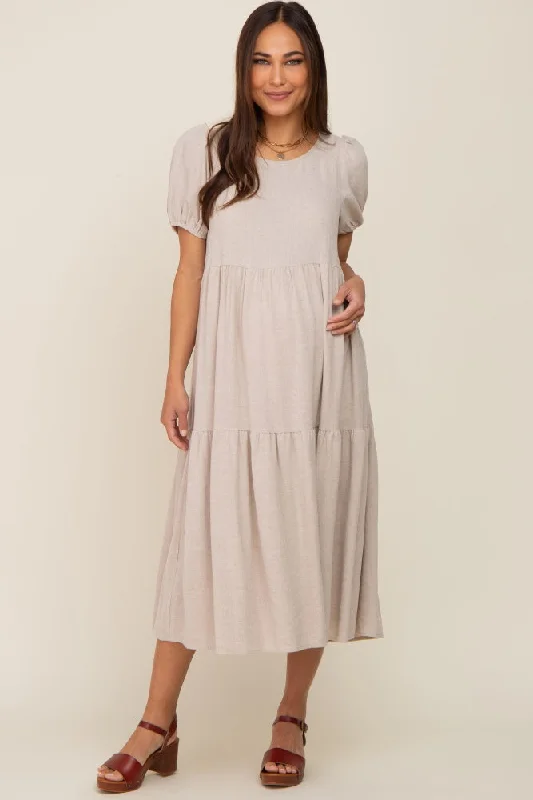 Beige Linen Short Sleeve Tiered Back Tie Maternity Midi Dress Cozy Spaghetti Strap Midi Dress Beige Linen Short Sleeve Tiered Back Tie Maternity Midi Dress Cozy Spaghetti Strap Midi Dress