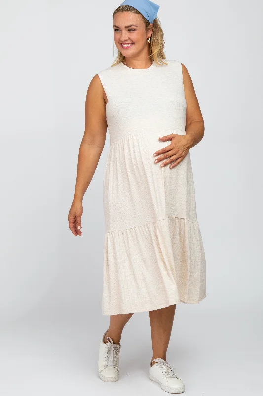 Beige Ribbed Sleeveless Plus Maternity Midi Dress Stylish Halter Neck Midi Dress
