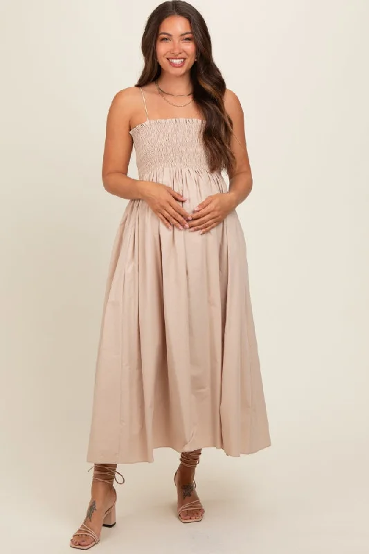 Beige Smocked Pocketed Maternity Midi Dress Comfortable Geometric Print Midi Dress