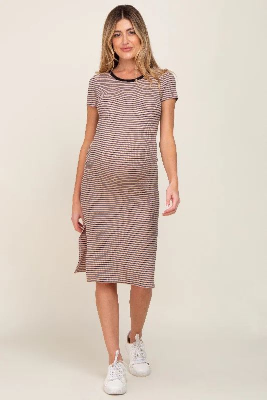 Beige Striped Side Slit Fitted Maternity Midi Dress Stylish Striped Midi Dress