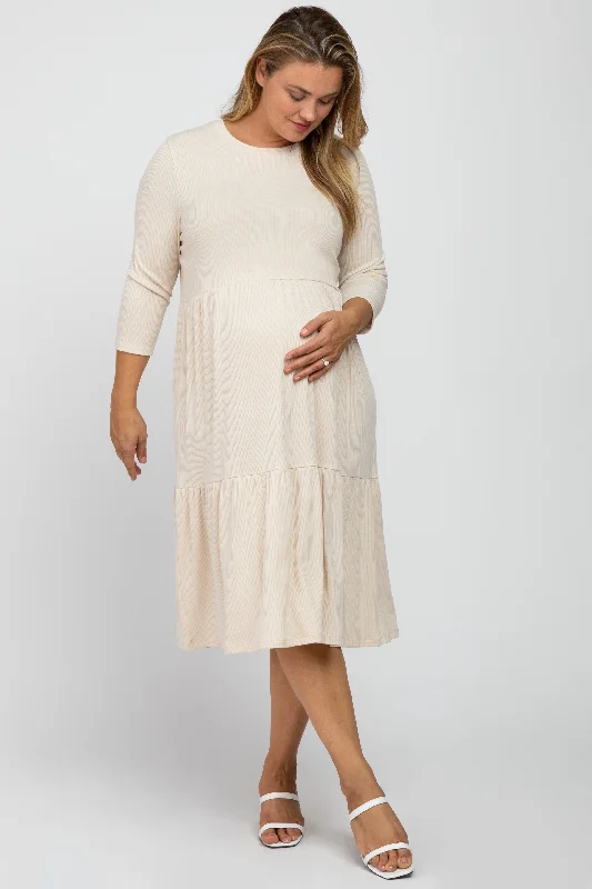 Beige Tiered Ribbed 3/4 Sleeve Plus Maternity Midi Dress Stylish Silk Midi Dress