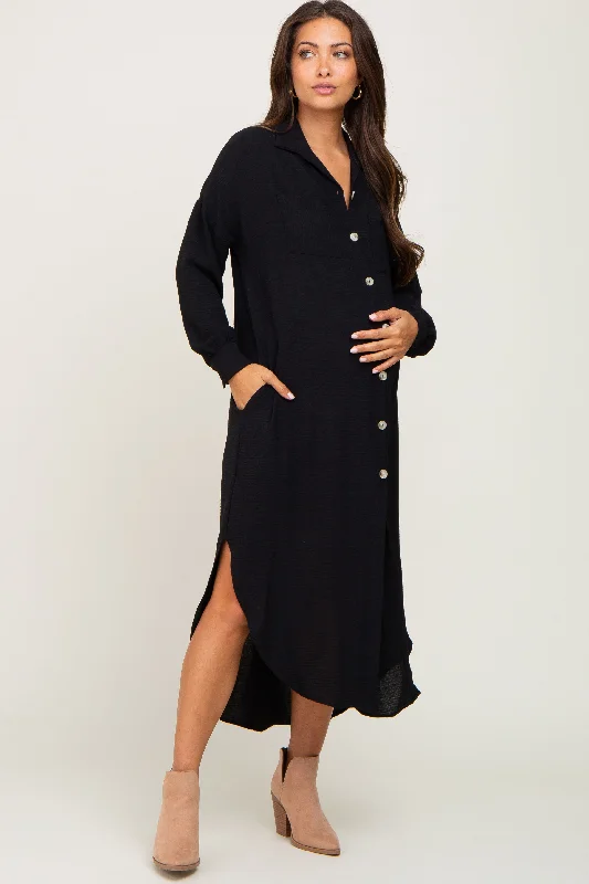 Black Button Down Front Pocket Maternity Midi Dress Fashionable One-Shoulder Midi Dress Black Button Down Front Pocket Maternity Midi Dress Fashionable One-Shoulder Midi Dress