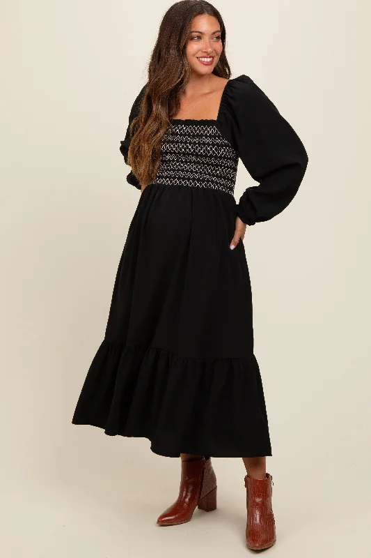 Black Contrast Smocked Balloon Sleeve Maternity Midi Dress Fashionable Polka Dot Midi Dress Black Contrast Smocked Balloon Sleeve Maternity Midi Dress Fashionable Polka Dot Midi Dress