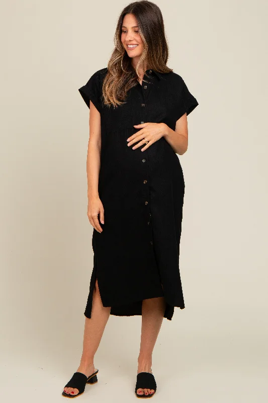 Black Corduroy Button Down Maternity Midi Dress Fashionable Shift Midi Dress