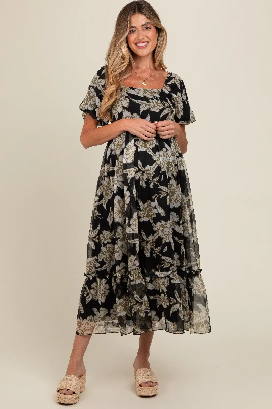 Black Floral Chiffon Ruffle Hem Maternity Midi Dress Trendy Ruffle Hem Midi Dress
