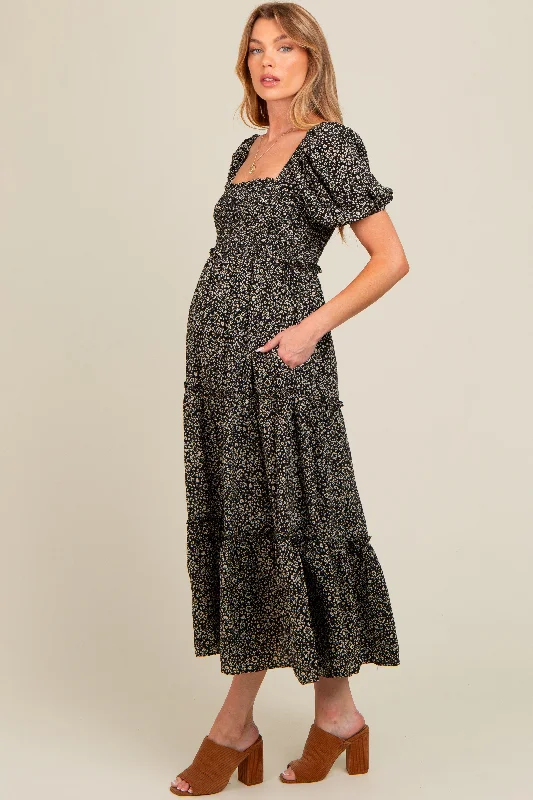 Black Floral Leopard Print Maternity Midi Dress Elegant Velvet Midi Dress