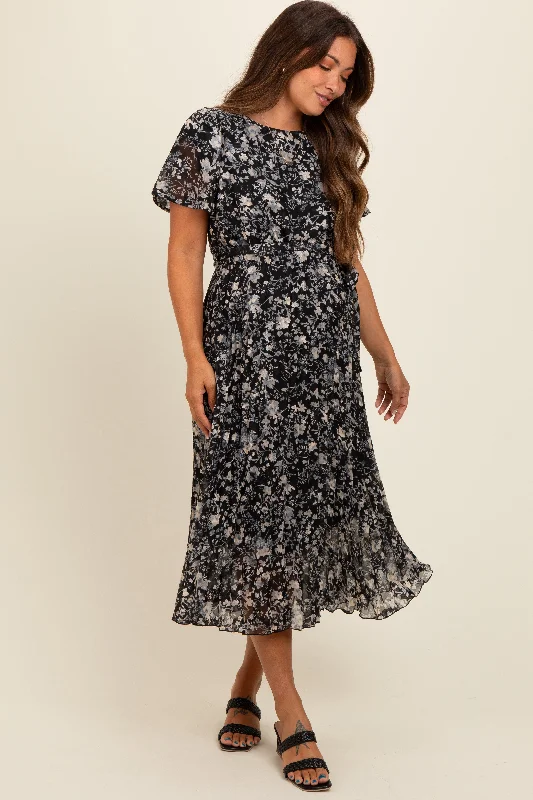 Black Floral Pleated Maternity Midi Dress Comfortable Geometric Print Midi Dress