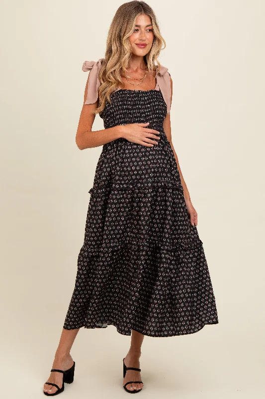 Black Floral Print Contrast Shoulder Tie Tiered Maternity Midi Dress Comfortable Sleeveless Midi Dress Black Floral Print Contrast Shoulder Tie Tiered Maternity Midi Dress Comfortable Sleeveless Midi Dress