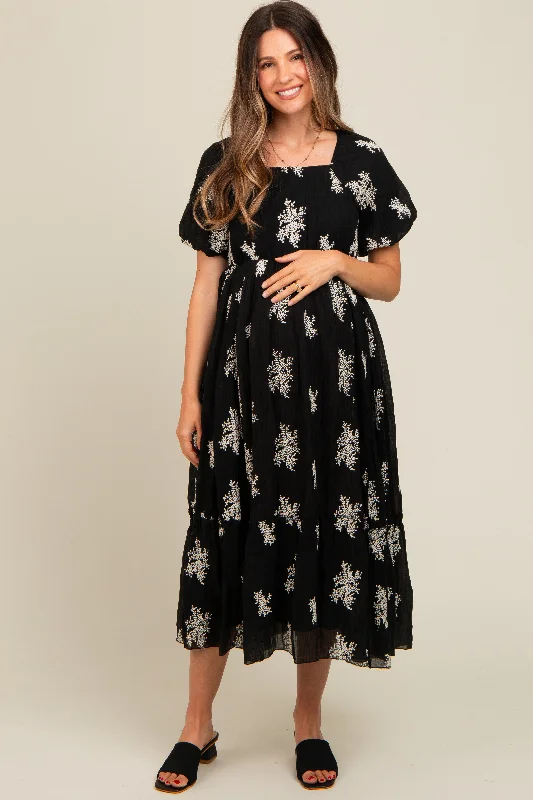Black Floral Print Ruffle Hem Maternity Midi Dress Fashionable Floral Embroidery Midi Dress Black Floral Print Ruffle Hem Maternity Midi Dress Fashionable Floral Embroidery Midi Dress