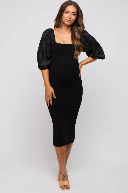 Black Floral Puff Sleeve Maternity Midi Dress Stylish High-Waisted Midi Dress
