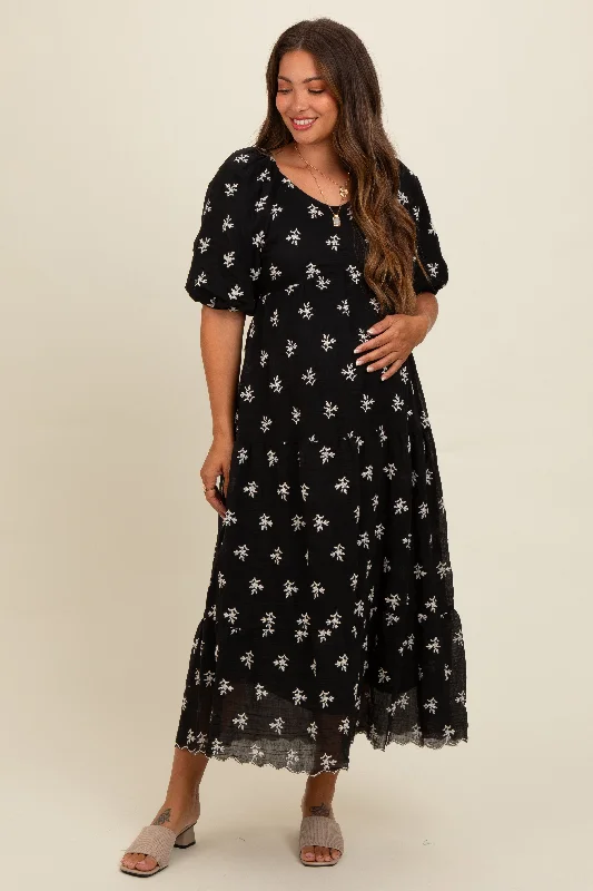 Black Floral Puff Sleeve Maternity Midi Dress Stylish Long Sleeve Floral Midi Dress