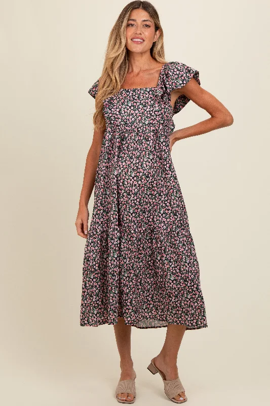 Black Floral Ruffle Off Shoulder Maternity Midi Dress Fashionable Skater Midi Dress