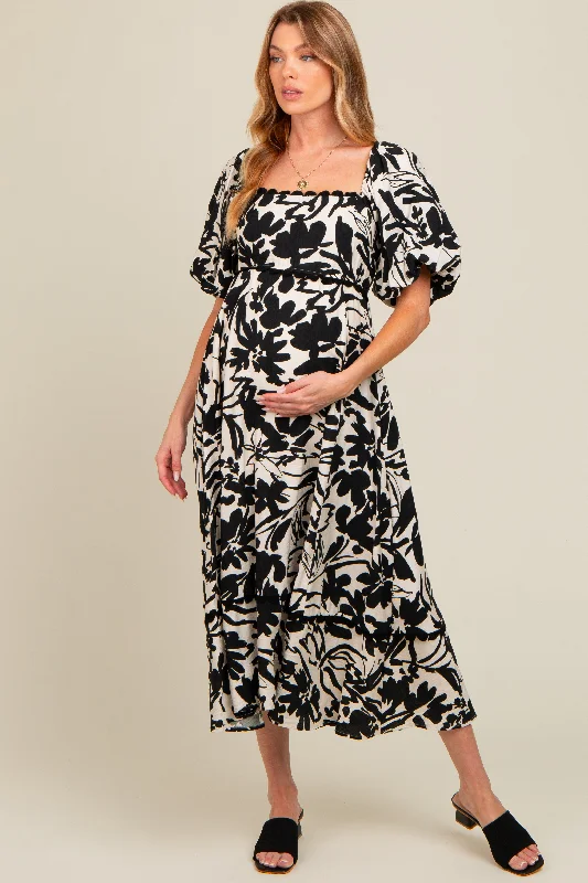 Black Floral Scallop Trim Maternity Midi Dress Comfortable Ribbed Midi Dress