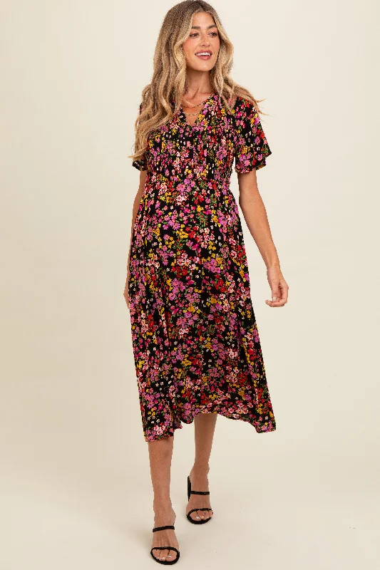 Black Floral Smocked Button Up Maternity Midi Dress Fashionable Plaid Midi Dress