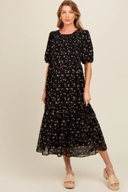 Black Floral Smocked Sash Tie Maternity Midi Dress Comfortable Floral Print Midi Dress Black Floral Smocked Sash Tie Maternity Midi Dress Comfortable Floral Print Midi Dress