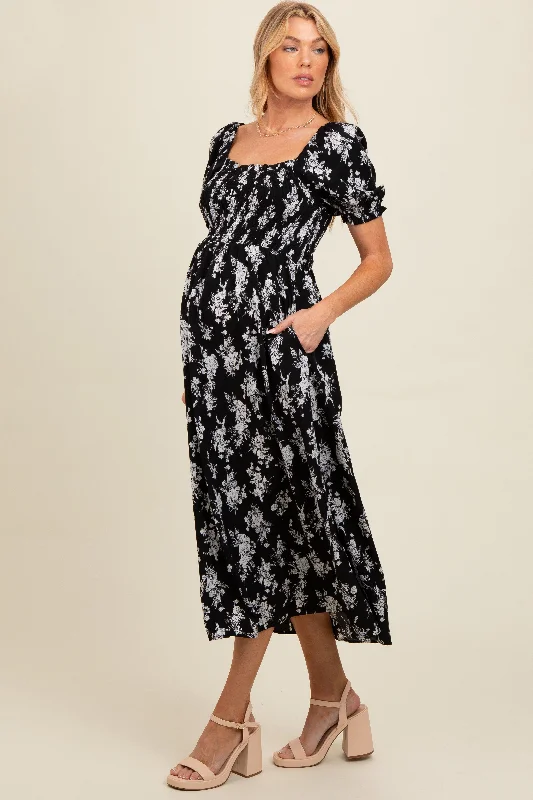 Black Floral Smocked Sweetheart Neckline Maternity Midi Dress Comfortable Button Front Midi Dress