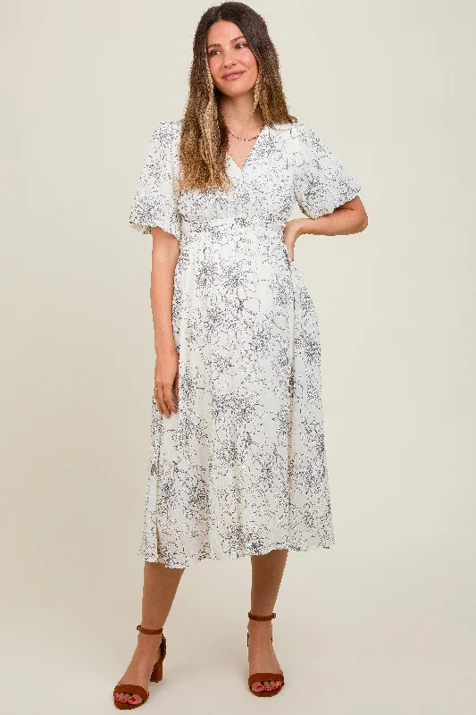 Black Floral Smocked Waist Maternity Midi Dress Elegant Lace Trim Midi Dress