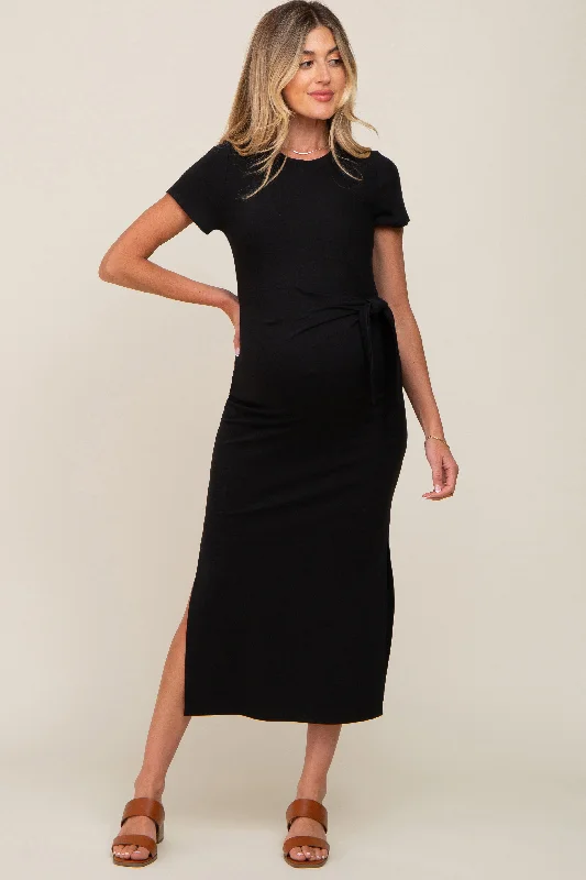Black Front Tie Side Slit Maternity Midi Dress Trendy Bodycon Midi Dress