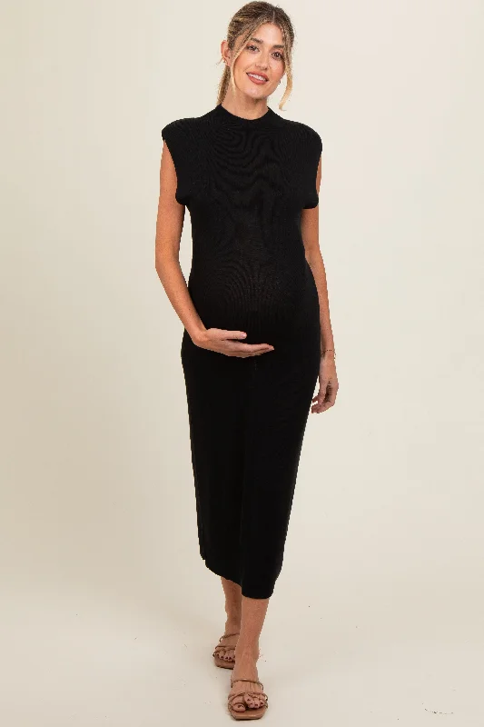 Black Knit Mock Neck Maternity Midi Dress Elegant Satin Button Midi Dress