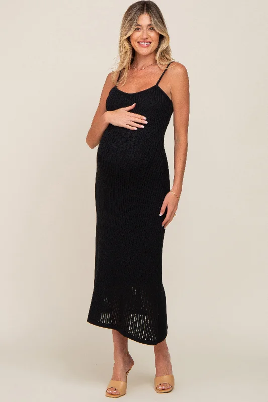Black Open Knit Crochet Maternity Midi Dress Trendy Ruffle Hem Midi Dress