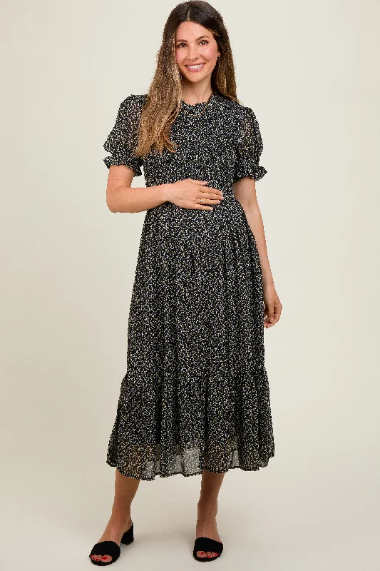 Black Printed Smocked Maternity Midi Dress Elegant Velvet Midi Dress