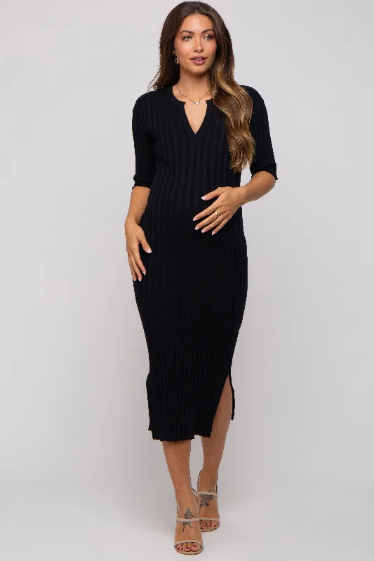 Black Ribbed Knit Maternity Midi Dress Trendy A-Line Midi Dress