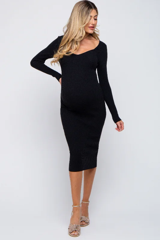 Black Ribbed Long Sleeve Maternity Midi Dress Trendy Boho Midi Dress