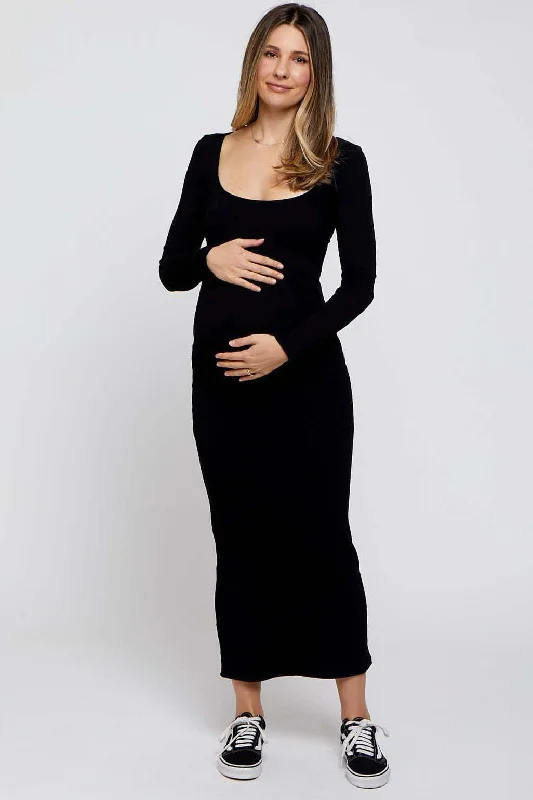 Black Ribbed Scoop Neck Maternity Midi Dress Trendy Shift Midi Dress