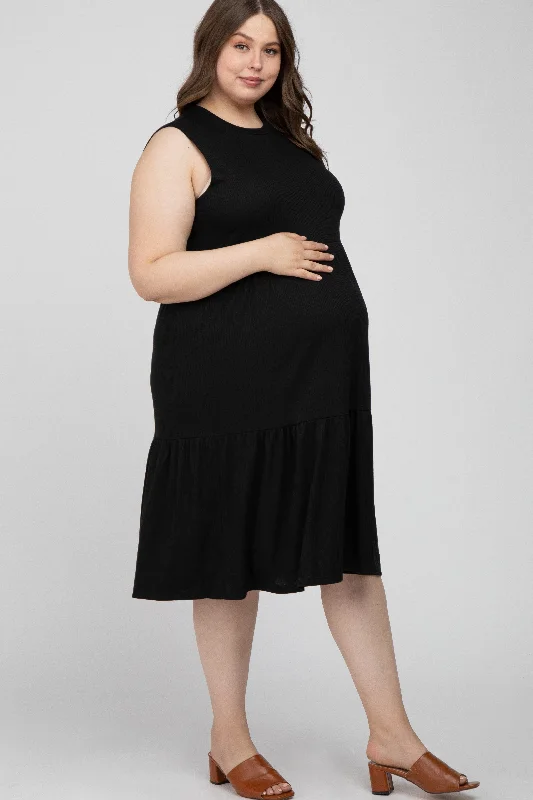 Black Ribbed Sleeveless Plus Maternity Midi Dress Elegant Maxi-Midi Hybrid Dress