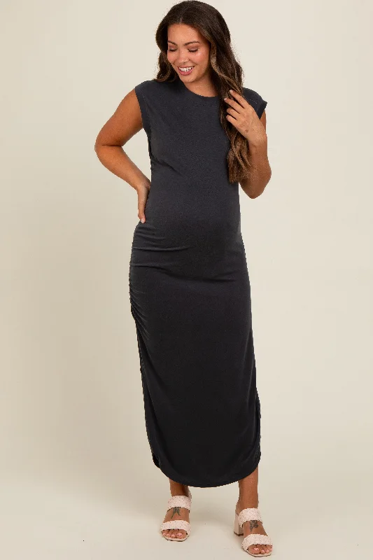 Black Ruched Side Slit Maternity Midi Dress Classic Black Midi Dress