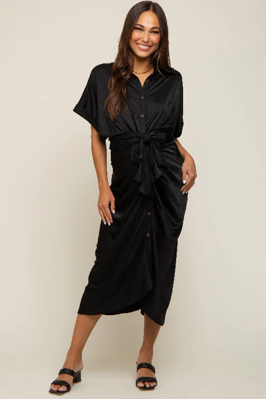 Black Satin Button Down Gathered Maternity Midi Dress Trendy Fit-and-Flare Midi Dress Black Satin Button Down Gathered Maternity Midi Dress Trendy Fit-and-Flare Midi Dress