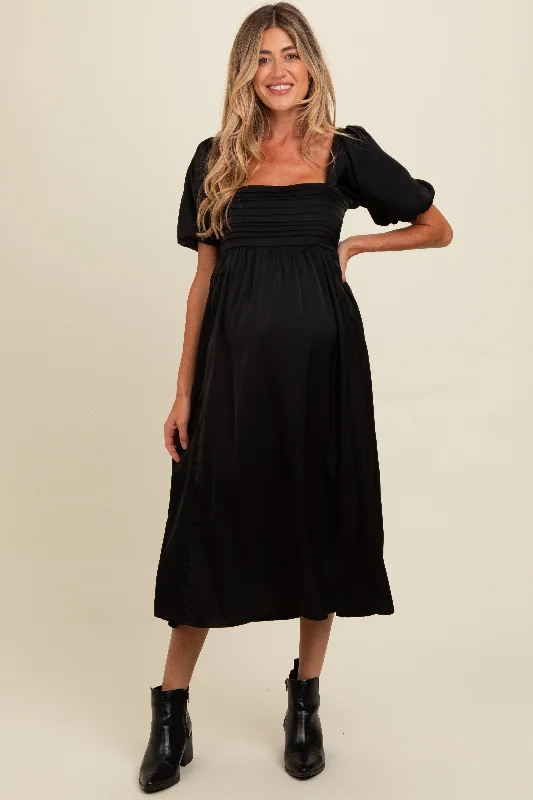 Black Satin Pleated Bodice Puff Sleeve Maternity Midi Dress Cozy Wide Strap Midi Dress Black Satin Pleated Bodice Puff Sleeve Maternity Midi Dress Cozy Wide Strap Midi Dress