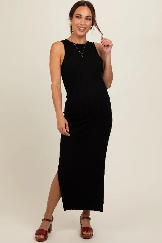 Black Sleeveless Knit Side Slit Maternity Midi Dress Trendy A-Line Midi Dress