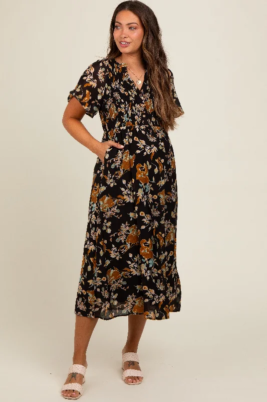Black Smocked Floral Maternity Midi Dress Fashionable Pleated Midi Dress
