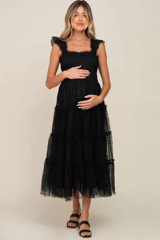 Black Smocked Mesh Ruffle Accent Maternity Midi Dress Fashionable Chiffon Midi Dress Black Smocked Mesh Ruffle Accent Maternity Midi Dress Fashionable Chiffon Midi Dress
