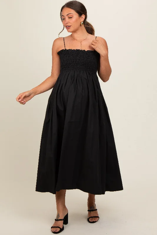 Black Smocked Pocketed Maternity Midi Dress Comfortable Empire Waist Midi Dress