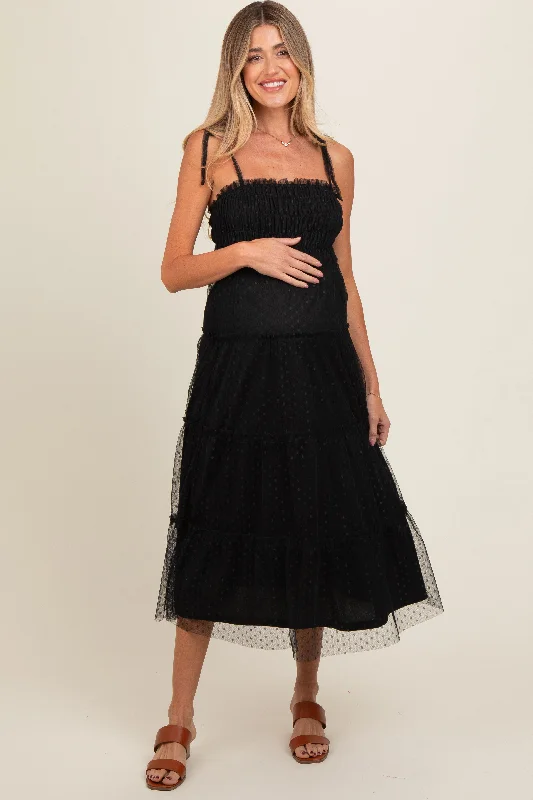 Black Smocked Polka Dot Mesh Shoulder Tie Maternity Midi Dress Fashionable Shift Midi Dress Black Smocked Polka Dot Mesh Shoulder Tie Maternity Midi Dress Fashionable Shift Midi Dress