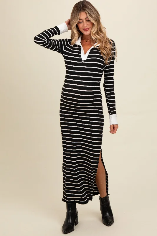Black Striped Collared Long Sleeve Maternity Midi Dress Elegant Puff Sleeve Midi Dress Black Striped Collared Long Sleeve Maternity Midi Dress Elegant Puff Sleeve Midi Dress
