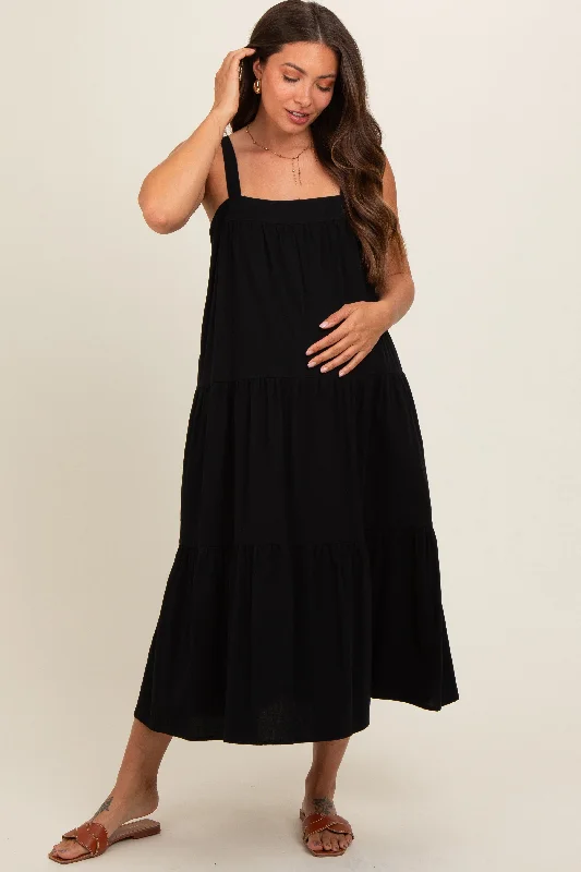 Black Tiered Maternity Midi Dress Elegant V-Neck Midi Dress